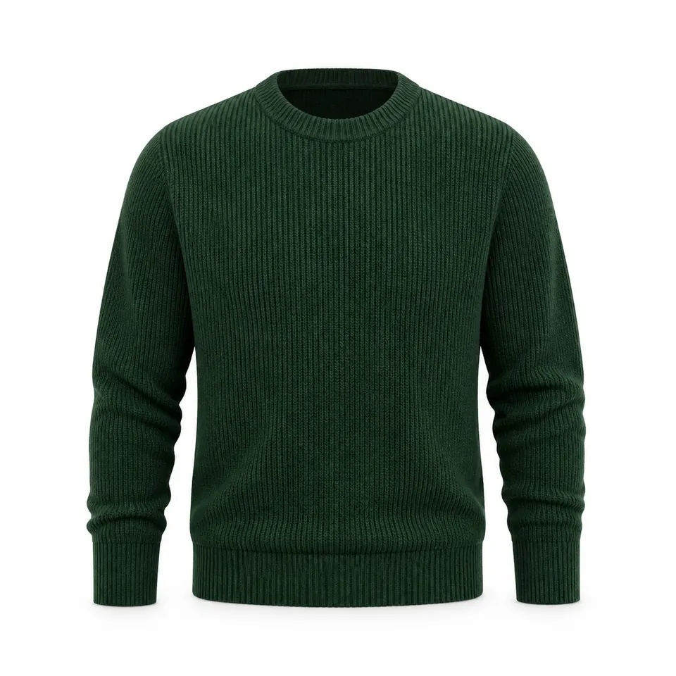 Forest green knit sweater in Shopify ghost mannequin format